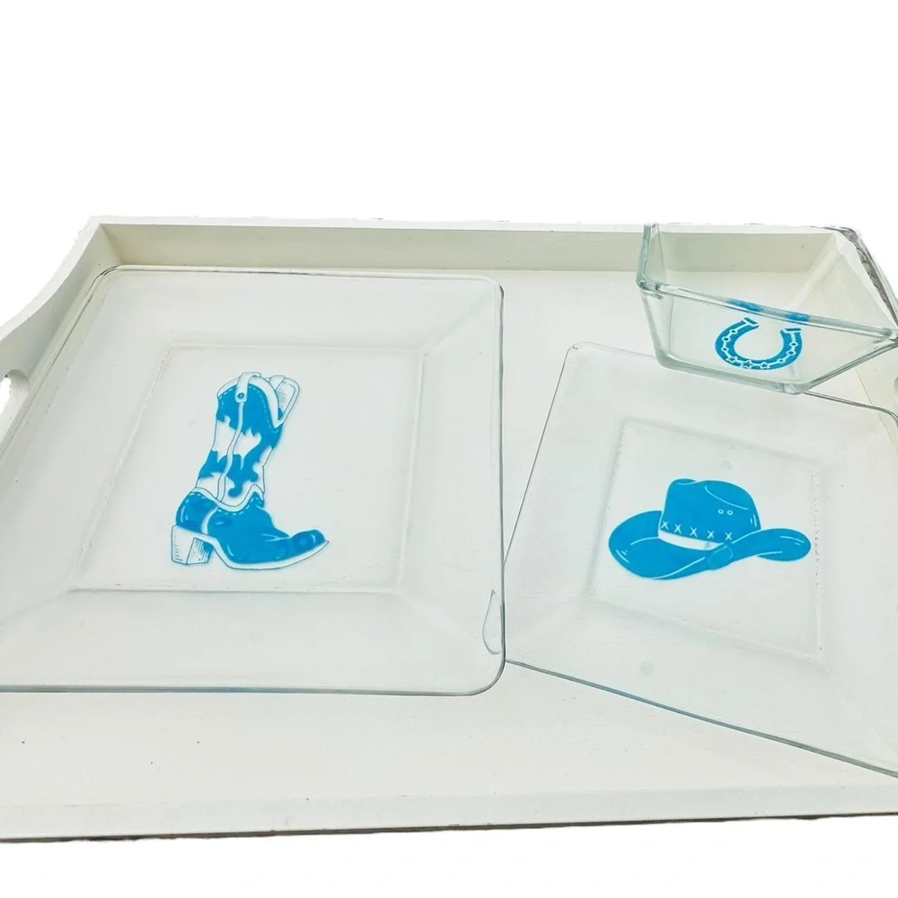 Western Glass Plate Set with Blue Designs